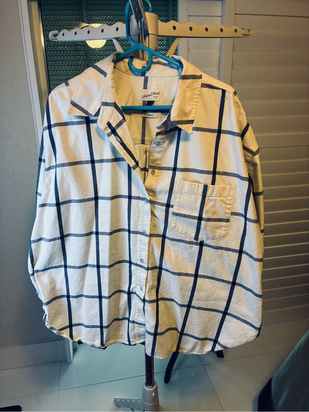 Universal Thread Cream Button-Down Shirt with Blue Windowpane Plaid